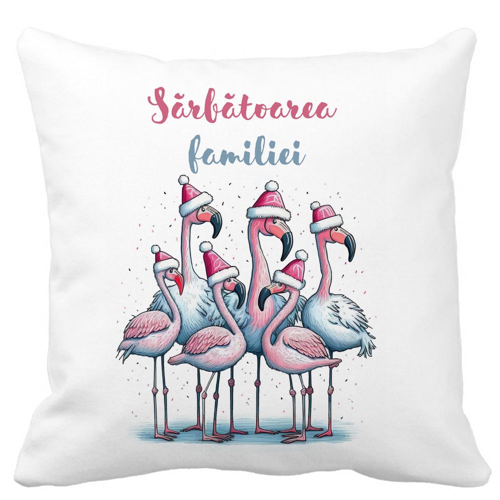 Perna Decorativa cu tematica de Craciun, Flamingo si Text 2, 40x40 cm, Alba, Mata, Husa Detasabila, Burduf 6 Flamingo si Text 2