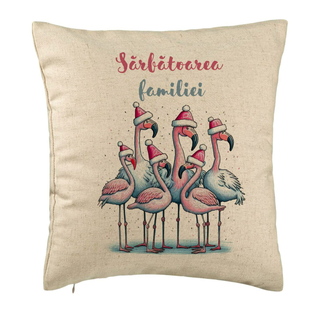 Perna Decorativa cu tematica de Craciun, Flamingo si Text 2, 40x40 cm, Bej, Husa Detasabila, Burduf 5 Perna Decorativa cu tematica de Craciun