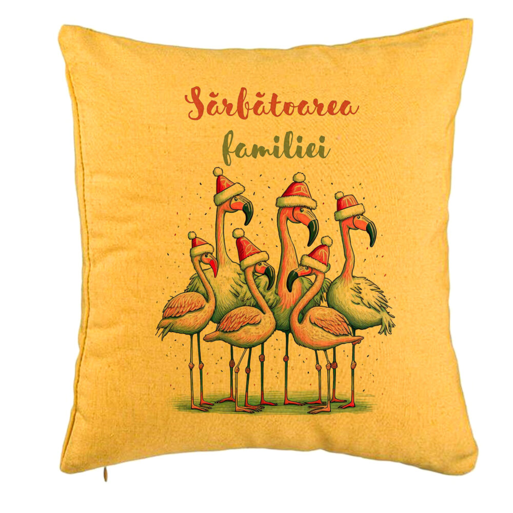 Perna Decorativa cu tematica de Craciun, Flamingo si Text 2, 40x40 cm, Galben, Husa Detasabila, Burduf 5 Perna Decorativa cu tematica de Craciun