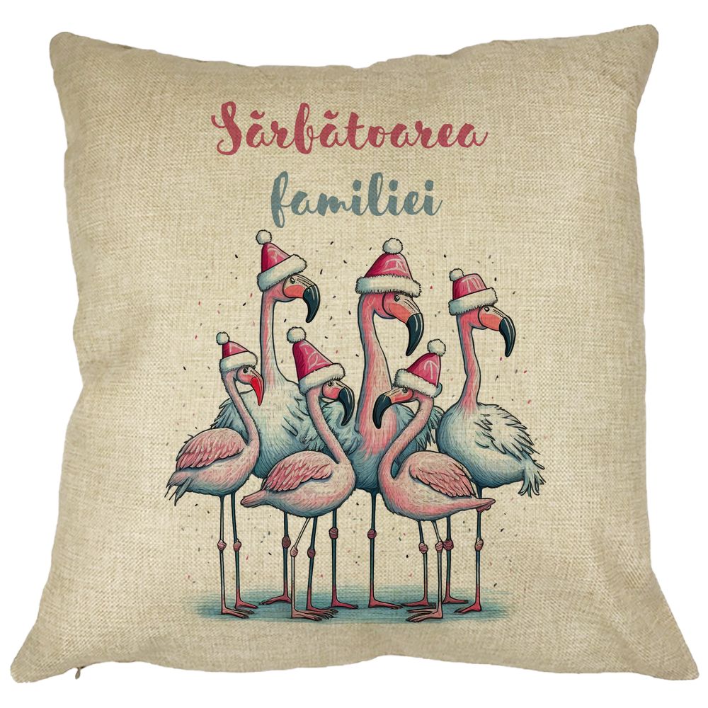 Perna Decorativa cu tematica de Craciun, Flamingo si Text 2, 40x40 cm, Husa Detasabila, Burduf 11 Perna Decorativa cu tematica de Craciun