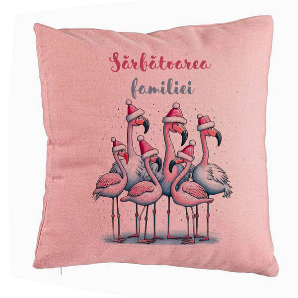 Perna Decorativa cu tematica de Craciun, Flamingo si Text 2, 40x40 cm, Roz, Husa Detasabila, Burduf 5 Perna Decorativa cu tematica de Craciun