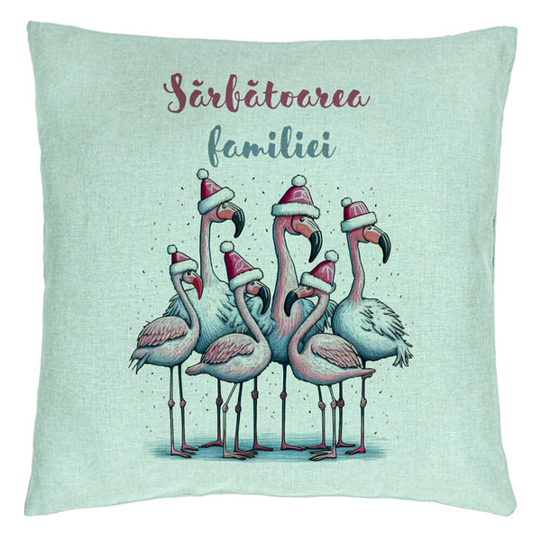 Perna Decorativa cu tematica de Craciun, Flamingo si Text 2, 40x40 cm, Verde Menta, Husa Detasabila, Burduf 5 Perna Decorativa cu tematica de Craciun