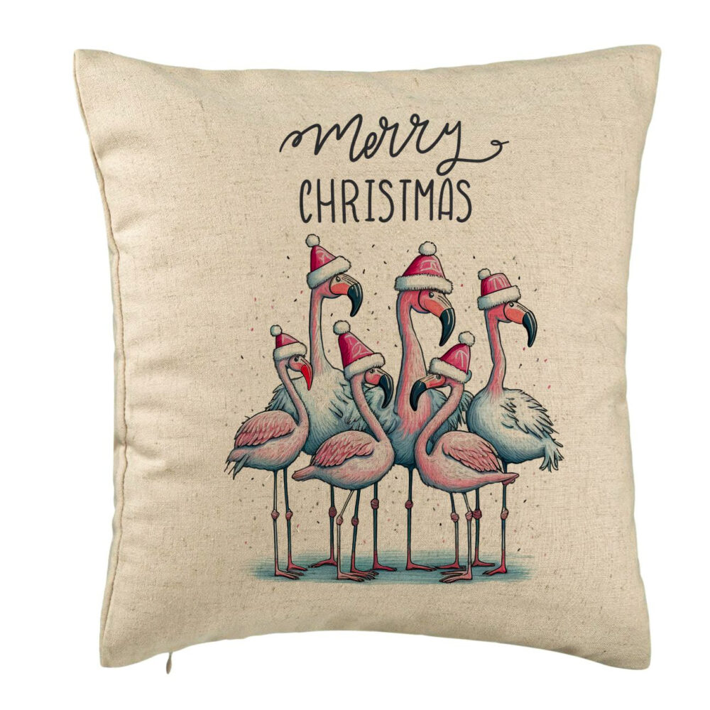 Perna Decorativa cu tematica de Craciun, Flamingo si Text, 40x40 cm, Bej, Husa Detasabila, Burduf 5 Perna Decorativa cu tematica de Craciun