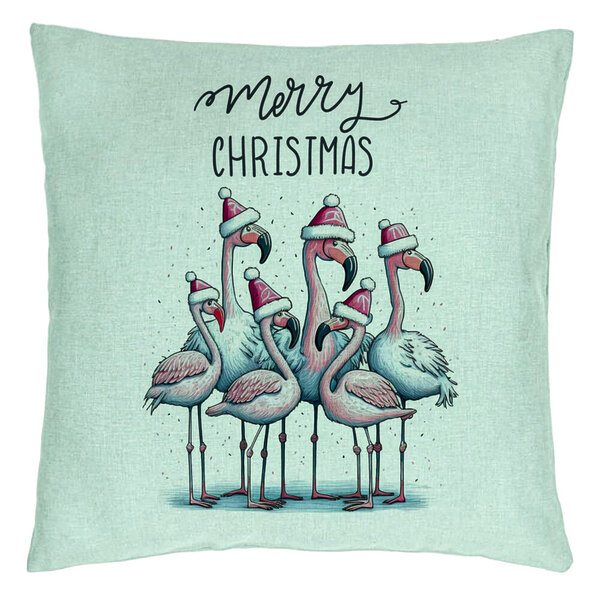Perna Decorativa cu tematica de Craciun, Flamingo si Text, 40x40 cm, Verde Menta, Husa Detasabila, Burduf 15 Perna Decorativa cu tematica de Craciun