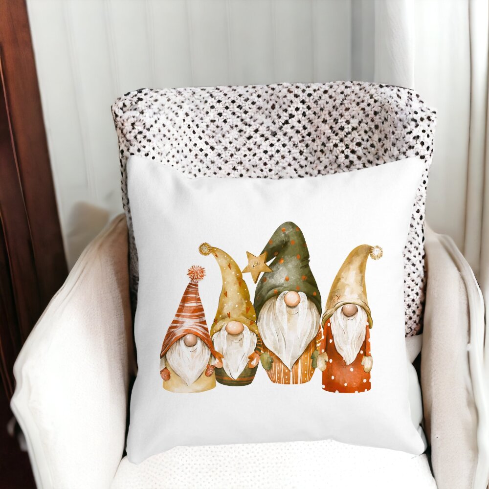 Perna Decorativa cu tematica de Craciun, Gnomi, 40x40 cm, Alba, Mata, Husa Detasabila, Burduf 12 Gnomi