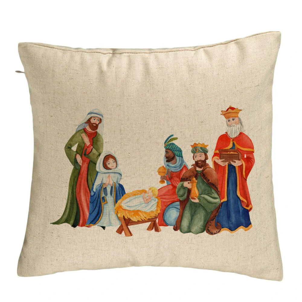 Perna Decorativa cu tematica de Craciun, Isus - Darul lui Dumnezeu, 40x40 cm, Bej, Husa Detasabila, Burduf 5 Perna Decorativa cu tematica de Craciun