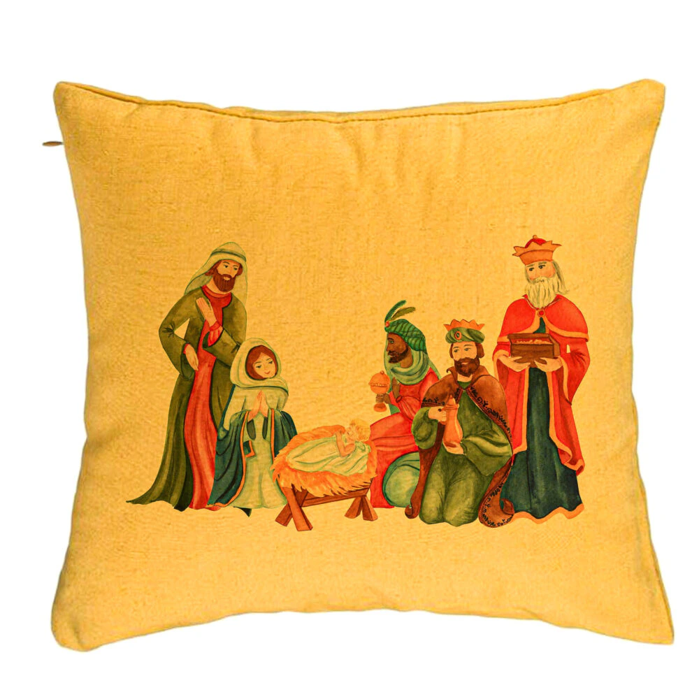 Perna Decorativa cu tematica de Craciun, Isus - Darul lui Dumnezeu, 40x40 cm, Galben, Husa Detasabila, Burduf 5 Perna Decorativa cu tematica de Craciun
