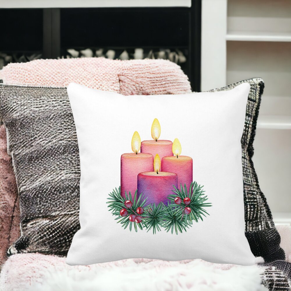 Perna Decorativa cu tematica de Craciun, Lumanari 5, 40x40 cm, Alba, Mata, Husa Detasabila, Burduf 13 40x40 cm