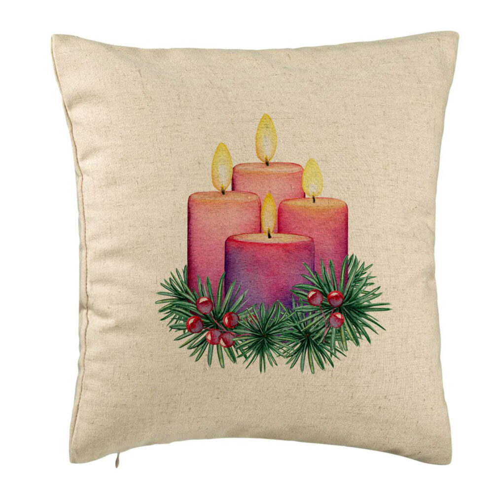 Perna Decorativa cu tematica de Craciun, Lumanari 5, 40x40 cm, Bej, Husa Detasabila, Burduf 5 Perna Decorativa cu tematica de Craciun