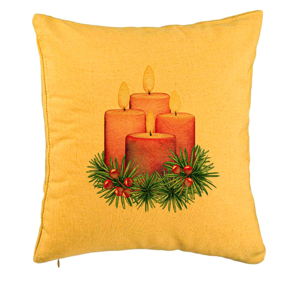 Perna Decorativa cu tematica de Craciun, Lumanari 5, 40x40 cm, Galben, Husa Detasabila, Burduf 5 Perna Decorativa cu tematica de Craciun