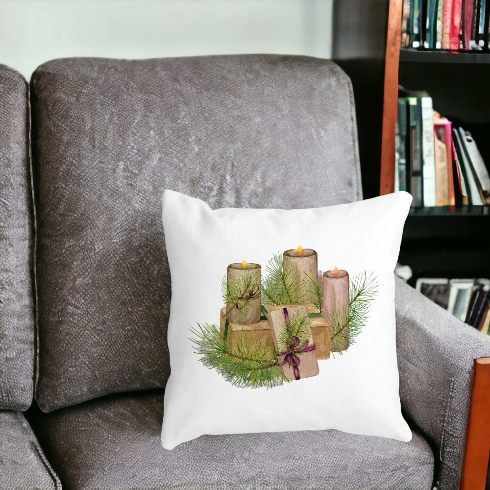 Perna Decorativa cu tematica de Craciun, Lumanari, 7, 40x40 cm, Alba, Mata, Husa Detasabila, Burduf 15 Alba