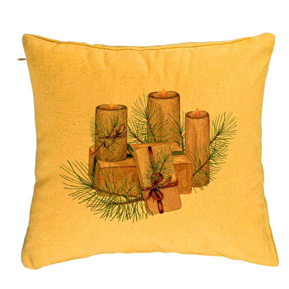 Perna Decorativa cu tematica de Craciun, Lumanari, 7, 40x40 cm, Galben, Husa Detasabila, Burduf 5 Perna Decorativa cu tematica de Craciun