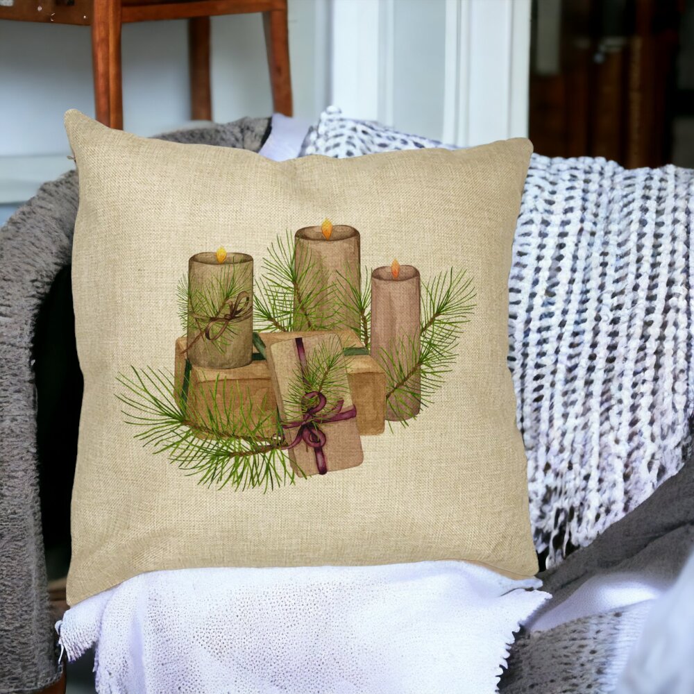 Perna Decorativa cu tematica de Craciun, Lumanari, 7, 40x40 cm, Husa Detasabila, Burduf 16 Burduf