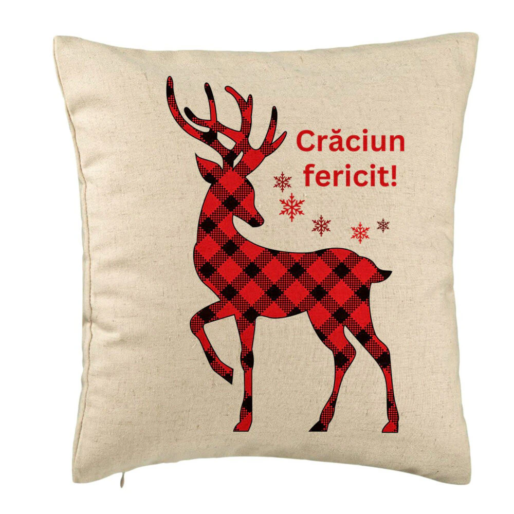 Perna Decorativa cu tematica de Craciun, Ren si Text 4, 40x40 cm, Bej, Husa Detasabila, Burduf 5 Perna Decorativa cu tematica de Craciun