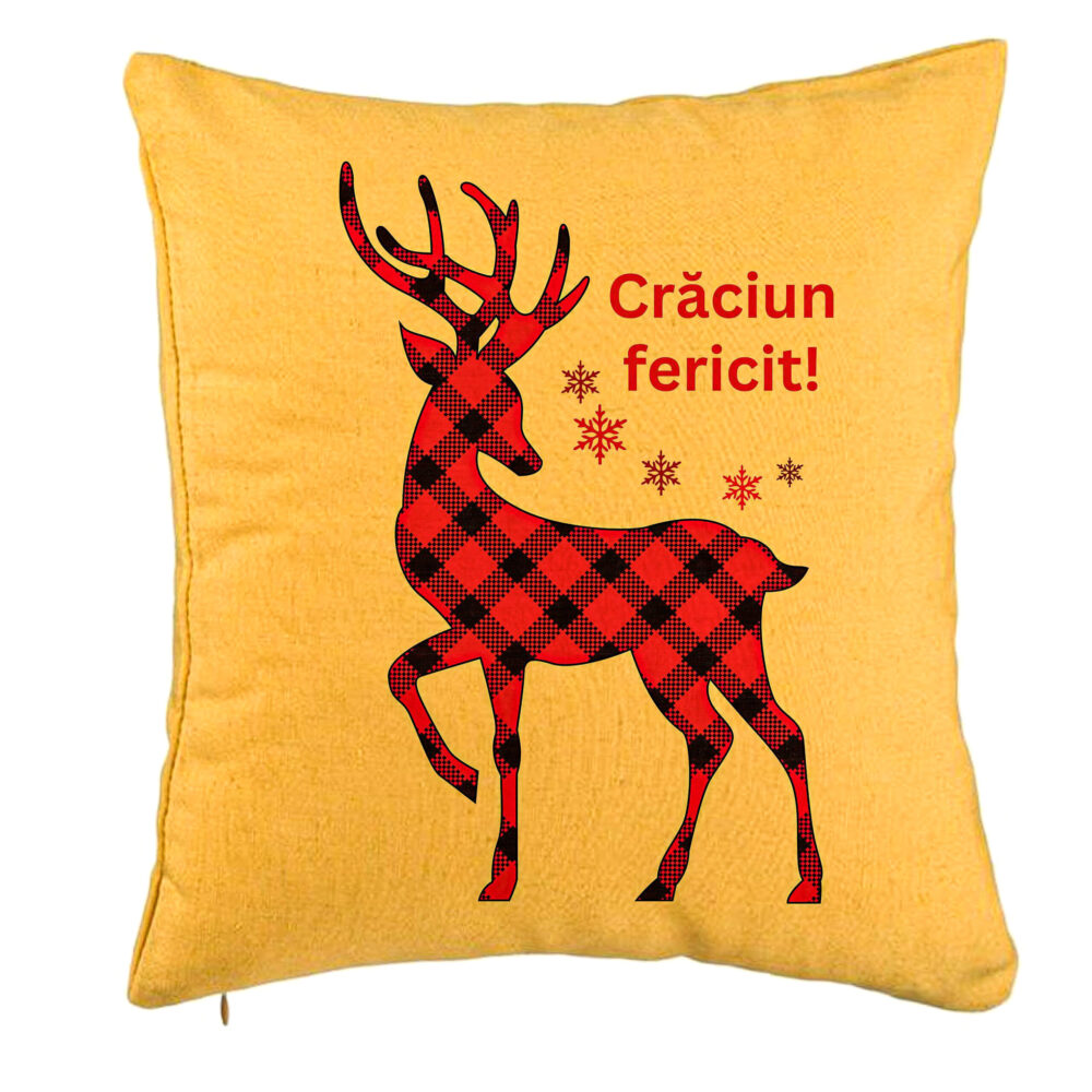 Perna Decorativa cu tematica de Craciun, Ren si Text 4, 40x40 cm, Galben, Husa Detasabila, Burduf 5 Perna Decorativa cu tematica de Craciun