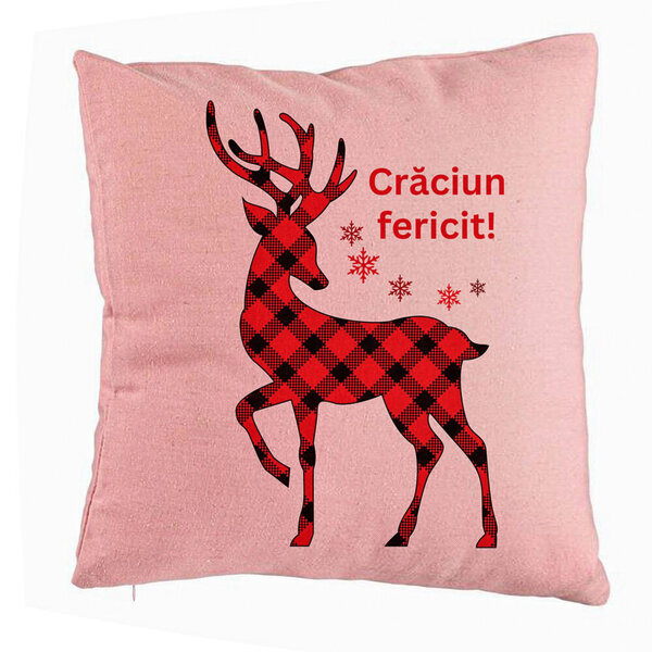 Perna Decorativa cu tematica de Craciun, Ren si Text 4, 40x40 cm, Roz, Husa Detasabila, Burduf 5 Perna Decorativa cu tematica de Craciun