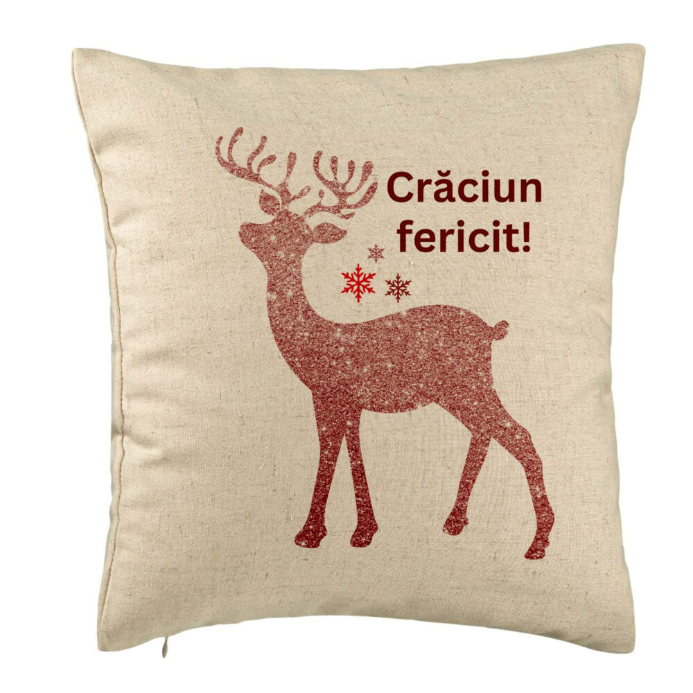 Perna Decorativa cu tematica de Craciun, Ren si Text 5, 40x40 cm, Bej, Husa Detasabila, Burduf 5 Perna Decorativa cu tematica de Craciun