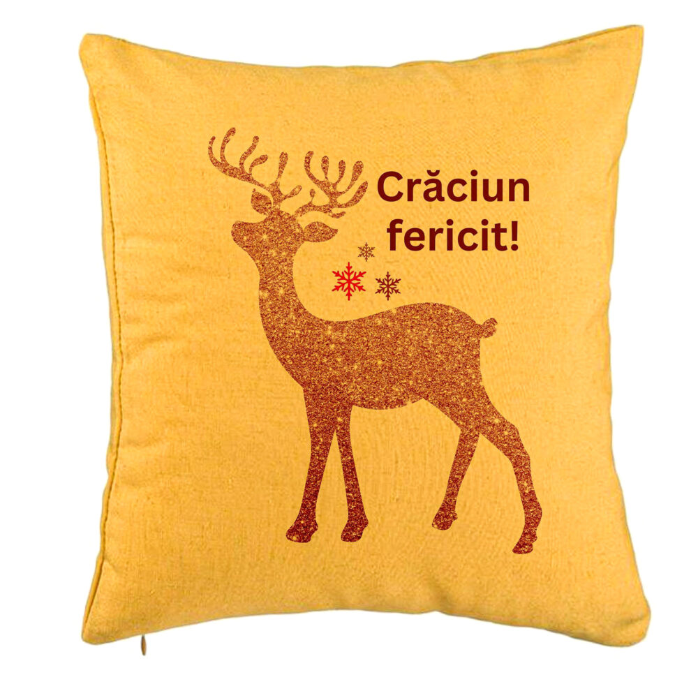Perna Decorativa cu tematica de Craciun, Ren si Text 5, 40x40 cm, Galben, Husa Detasabila, Burduf 5 Perna Decorativa cu tematica de Craciun