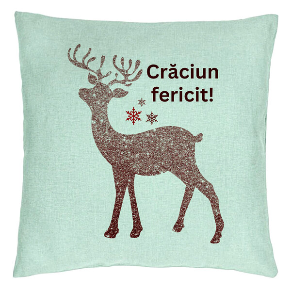 Perna Decorativa cu tematica de Craciun, Ren si Text 5, 40x40 cm, Verde Menta, Husa Detasabila, Burduf 5 Perna Decorativa cu tematica de Craciun