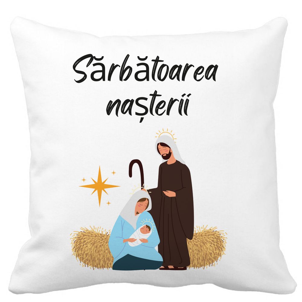 Perna Decorativa cu tematica de Craciun, Sarbatoarea Nasterii 1, 40x40 cm, Alba, Mata, Husa Detasabila, Burduf 3 Perna Decorativa cu tematica de Craciun