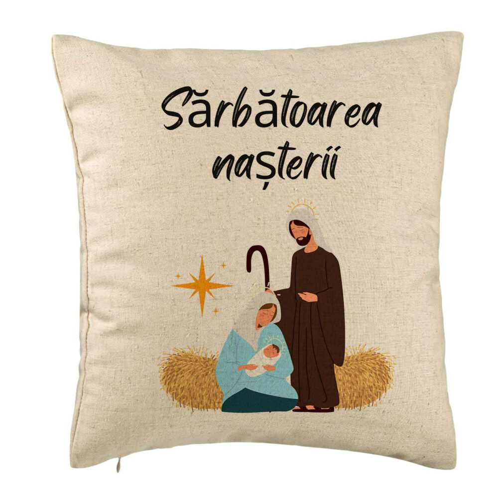 Perna Decorativa cu tematica de Craciun, Sarbatoarea Nasterii 1, 40x40 cm, Bej, Husa Detasabila, Burduf 5 Perna Decorativa cu tematica de Craciun