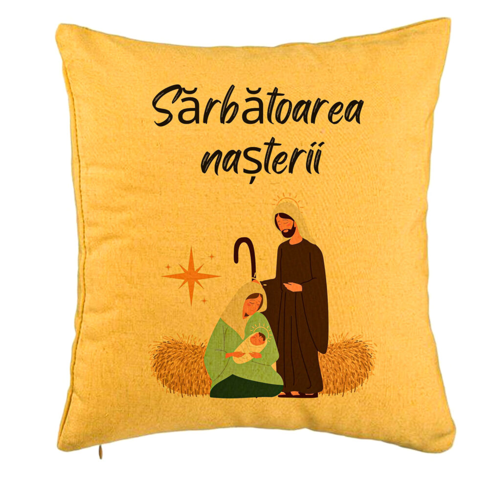 Perna Decorativa cu tematica de Craciun, Sarbatoarea Nasterii 1, 40x40 cm, Galben, Husa Detasabila, Burduf 5 Perna Decorativa cu tematica de Craciun