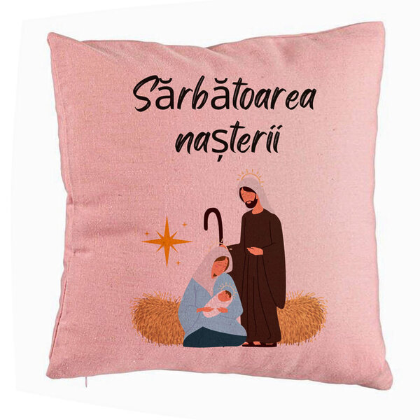 Perna Decorativa cu tematica de Craciun, Sarbatoarea Nasterii 1, 40x40 cm, Roz, Husa Detasabila, Burduf 5 Perna Decorativa cu tematica de Craciun