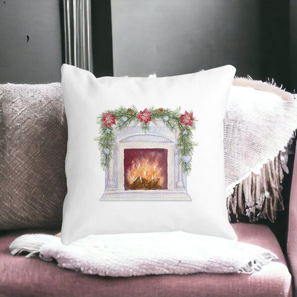 Perna Decorativa cu tematica de Craciun, Semineu, 40x40 cm, Alba, Mata, Husa Detasabila, Burduf 12 Semineu