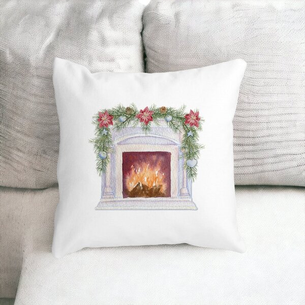 Perna Decorativa cu tematica de Craciun, Semineu, 40x40 cm, Alba, Mata, Husa Detasabila, Burduf 13 40x40 cm