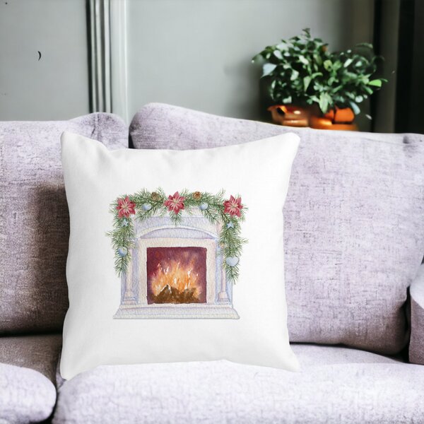 Perna Decorativa cu tematica de Craciun, Semineu, 40x40 cm, Alba, Mata, Husa Detasabila, Burduf 14 Alba