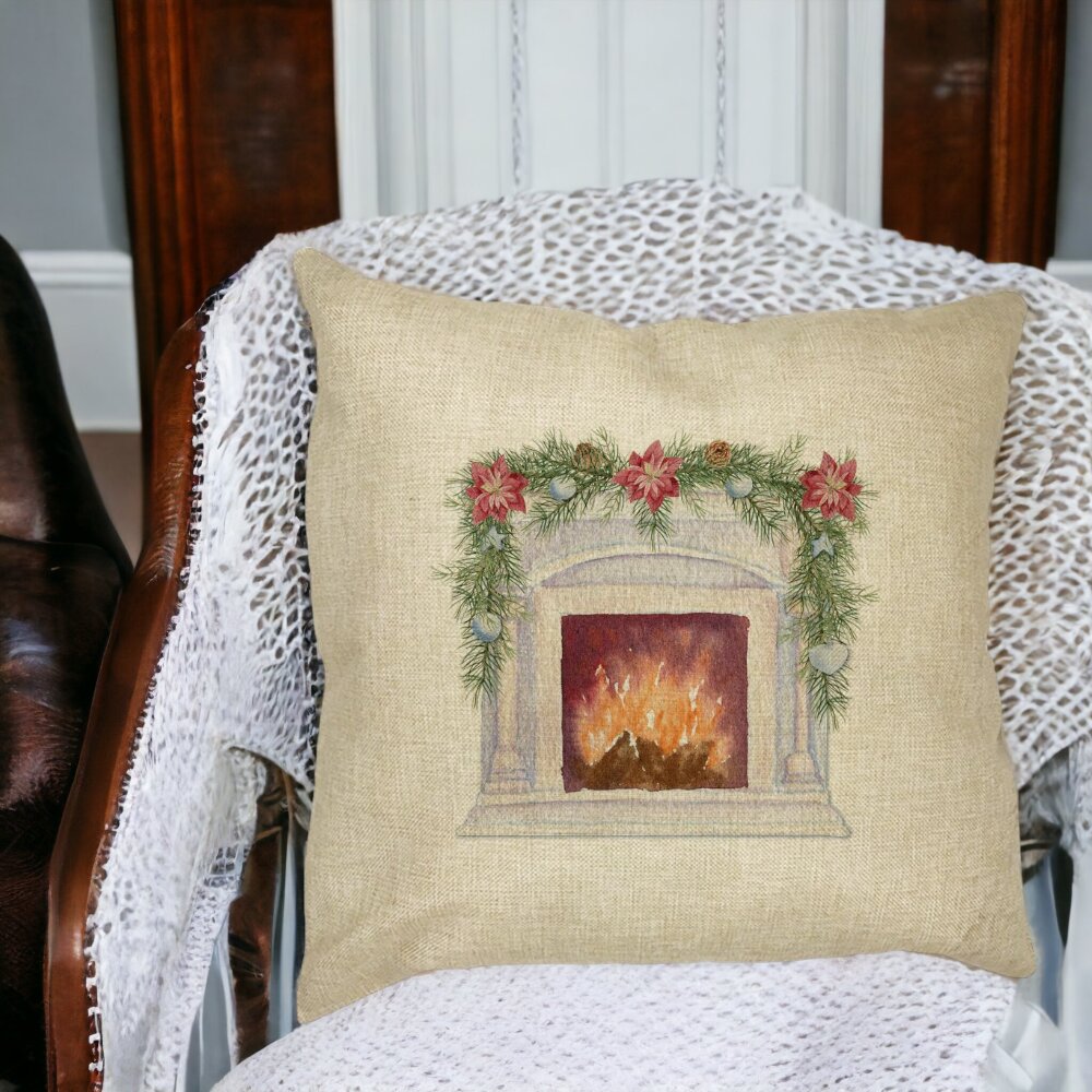 Perna Decorativa cu tematica de Craciun, Semineu, 40x40 cm, Husa Detasabila, Burduf 14 Husa Detasabila