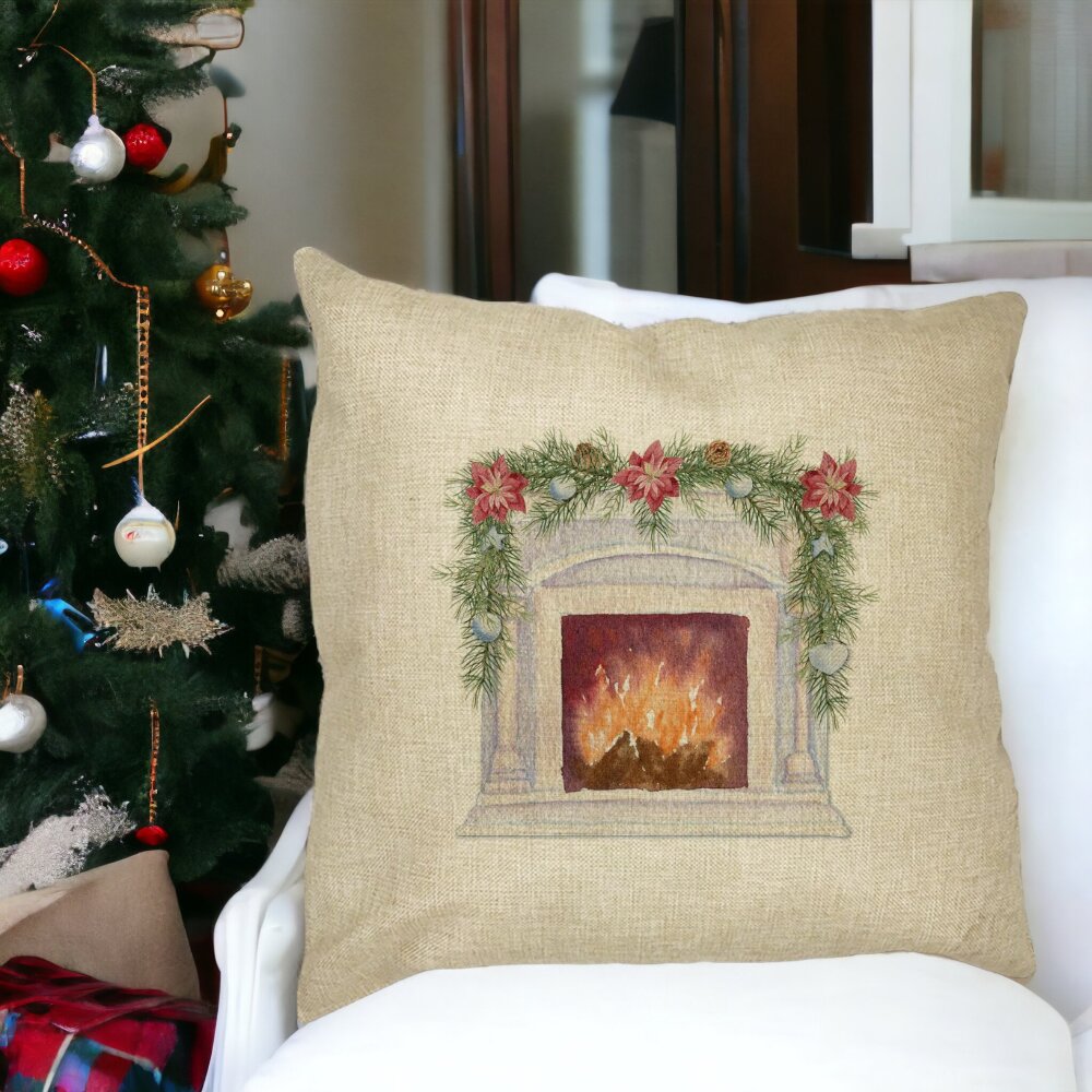 Perna Decorativa cu tematica de Craciun, Semineu, 40x40 cm, Husa Detasabila, Burduf 15 Burduf