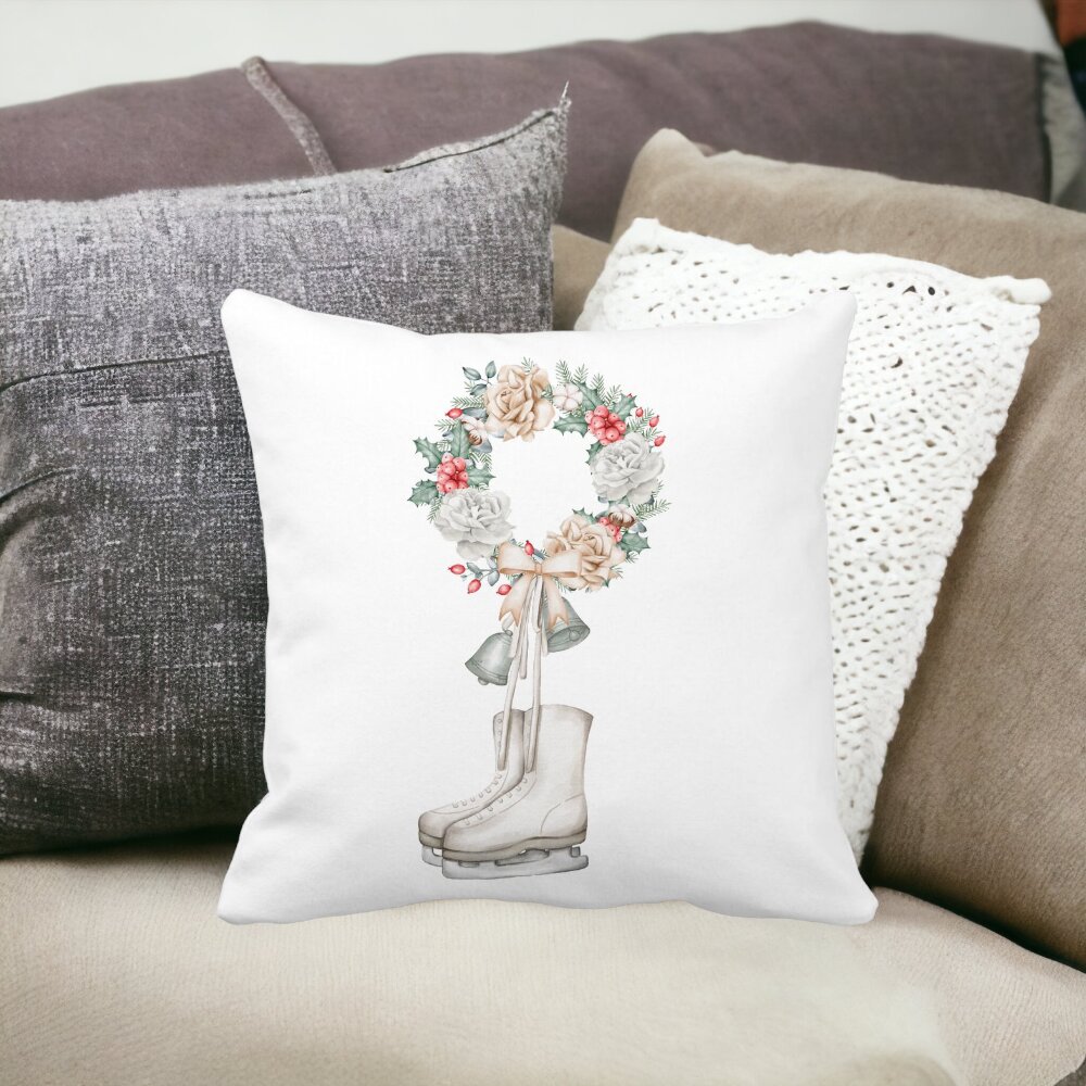 Perna Decorativa de Craciun, Patine gheata si Coronita, 40x40 cm, Alba, Mata, Husa Detasabila, Burduf 12 Patine gheata si Coronita