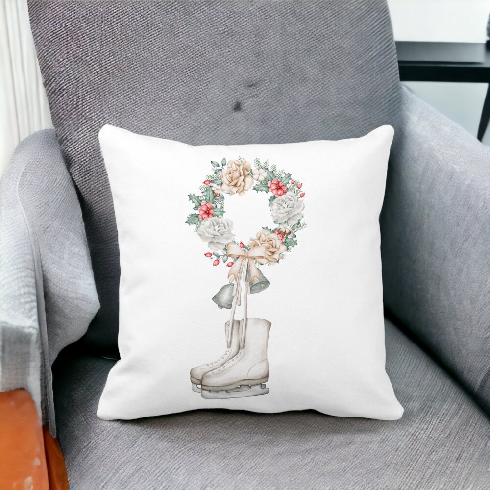 Perna Decorativa de Craciun, Patine gheata si Coronita, 40x40 cm, Alba, Mata, Husa Detasabila, Burduf 14 Alba