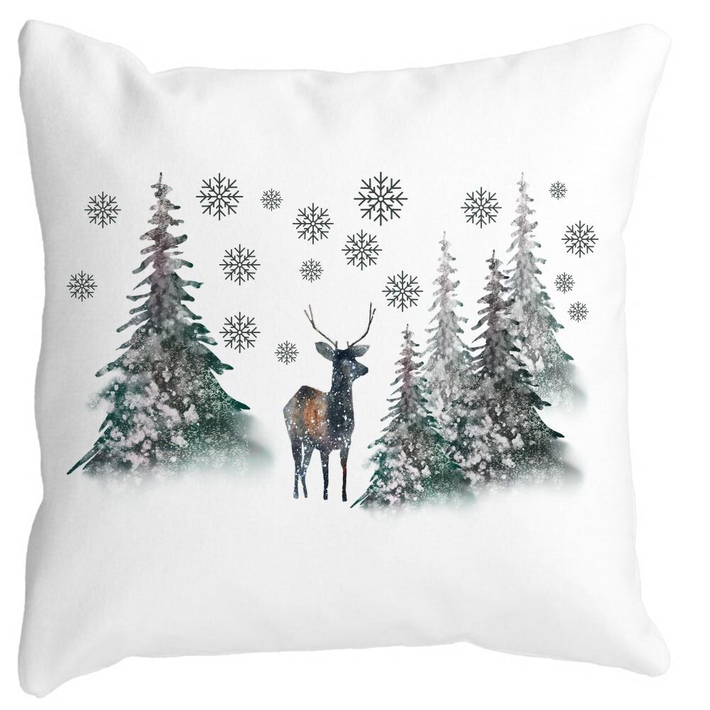 Perna Decorativa de Craciun, Peisaj Brazi si Cerb, 40x40 cm, Alba, Mata, Husa Detasabila, Burduf 11 Perna Decorativa de Craciun