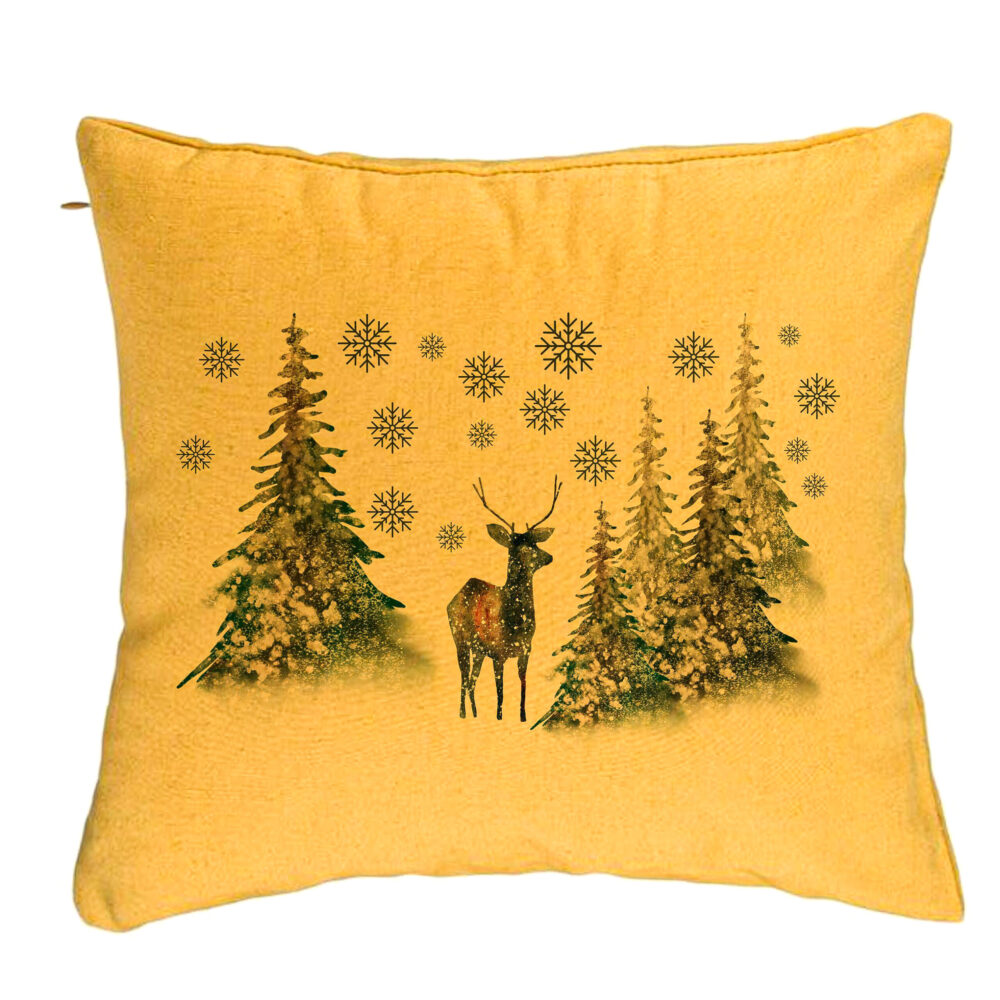 Perna Decorativa de Craciun, Peisaj Brazi si Cerb, 40x40 cm, Galben, Husa Detasabila, Burduf 5 Perna Decorativa de Craciun