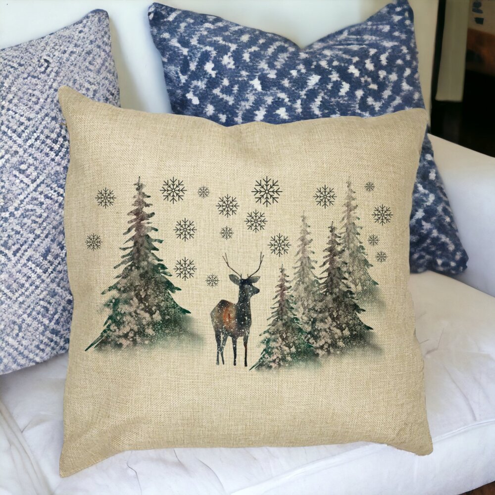 Perna Decorativa de Craciun, Peisaj Brazi si Cerb, 40x40 cm, Husa Detasabila, Burduf 14 Husa Detasabila