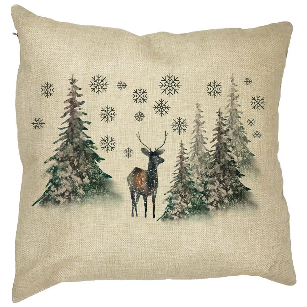 Perna Decorativa de Craciun, Peisaj Brazi si Cerb, 40x40 cm, Husa Detasabila, Burduf 13 Perna Decorativa de Craciun