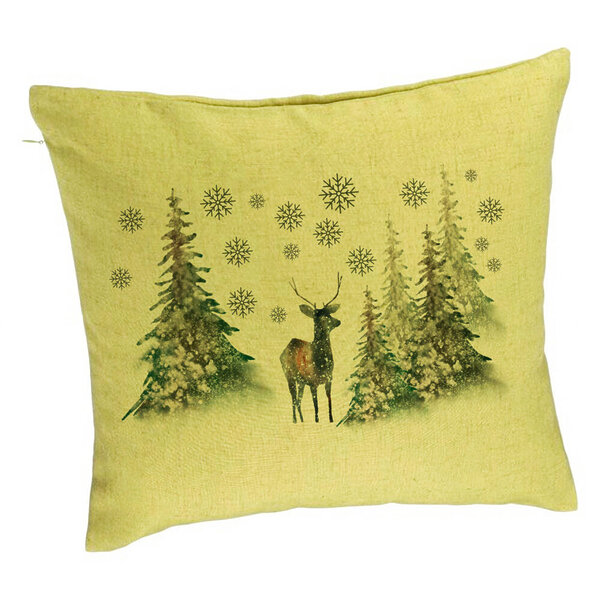 Perna Decorativa de Craciun, Peisaj Brazi si Cerb, 40x40 cm, Verde, Husa Detasabila, Burduf 5 Perna Decorativa de Craciun
