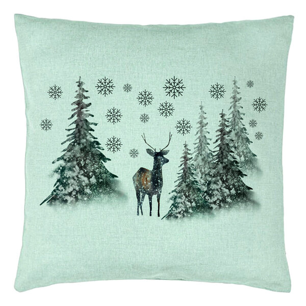 Perna Decorativa de Craciun, Peisaj Brazi si Cerb, 40x40 cm, Verde Menta, Husa Detasabila, Burduf 15 Perna Decorativa de Craciun