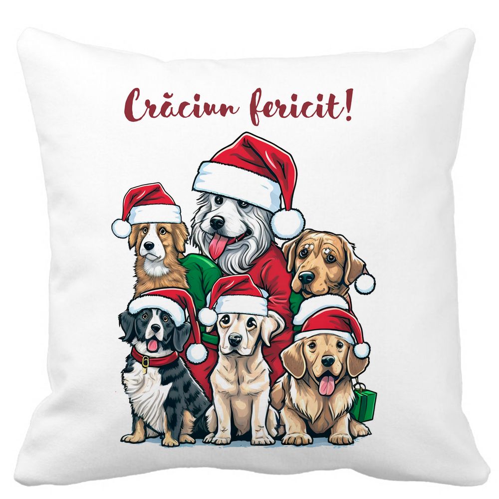 Perna Decorativa de Craciun cu Catelusi si Text, 40x40 cm, Alba, Mata, Husa Detasabila, Burduf 3 Perna Decorativa de Craciun cu Catelusi si Text