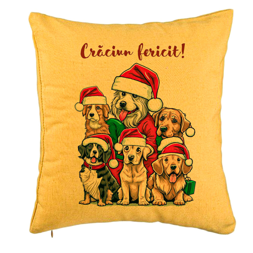 Perna Decorativa de Craciun cu Catelusi si Text, 40x40 cm, Galben, Husa Detasabila, Burduf 5 Perna Decorativa de Craciun cu Catelusi si Text