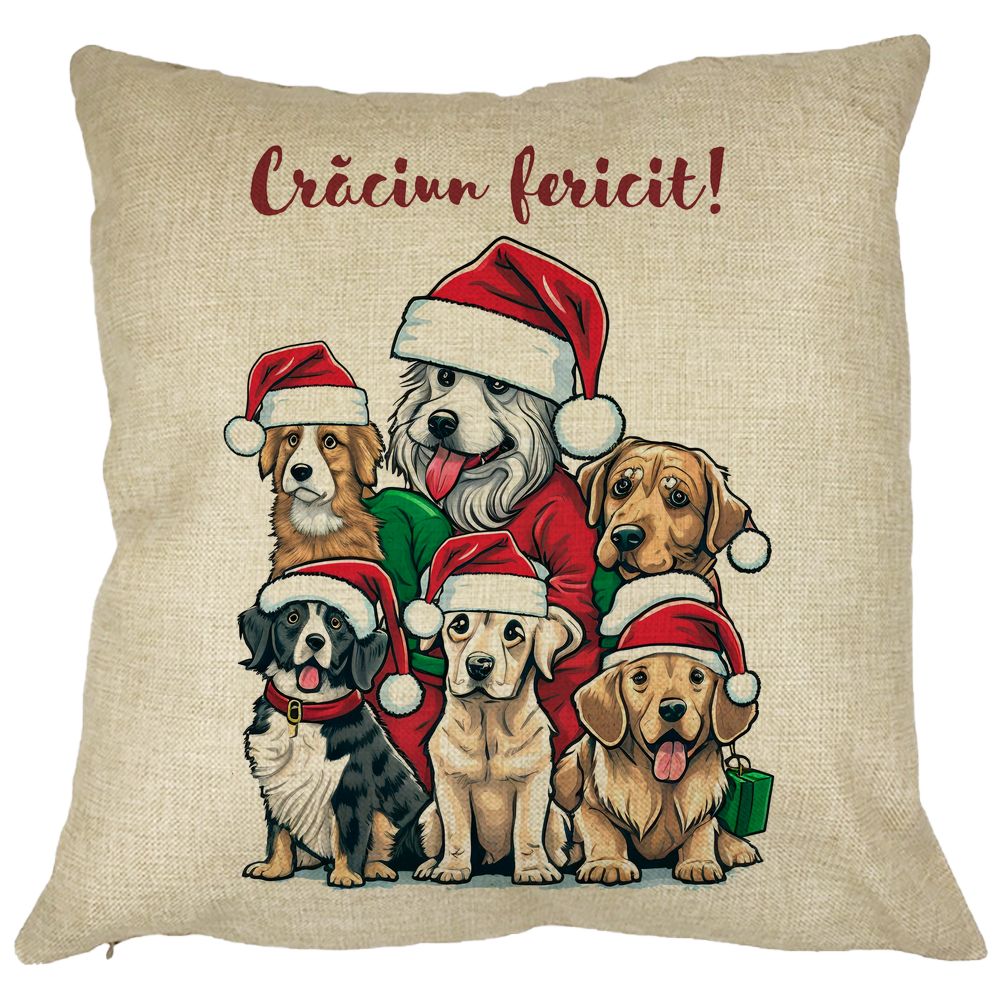 Perna Decorativa de Craciun cu Catelusi si Text, 40x40 cm, Husa Detasabila, Burduf 11 Perna Decorativa de Craciun cu Catelusi si Text