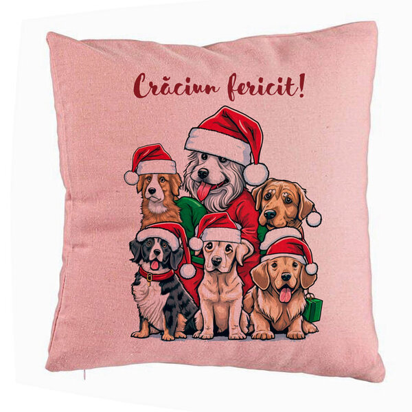 Perna Decorativa de Craciun cu Catelusi si Text, 40x40 cm, Roz, Husa Detasabila, Burduf 5 Perna Decorativa de Craciun cu Catelusi si Text