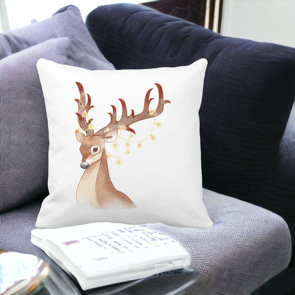 Perna Decorativa de Craciun cu Ren, 1, 40x40 cm, Alba, Mata, Husa Detasabila, Burduf 15 Mata