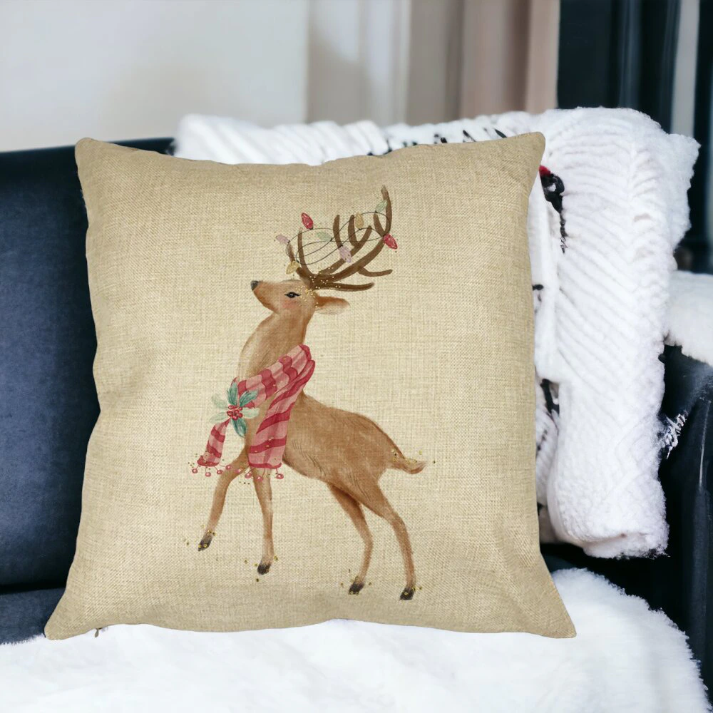Perna Decorativa de Craciun cu Ren, 2, 40x40 cm, Husa Detasabila, Burduf 14 Husa Detasabila