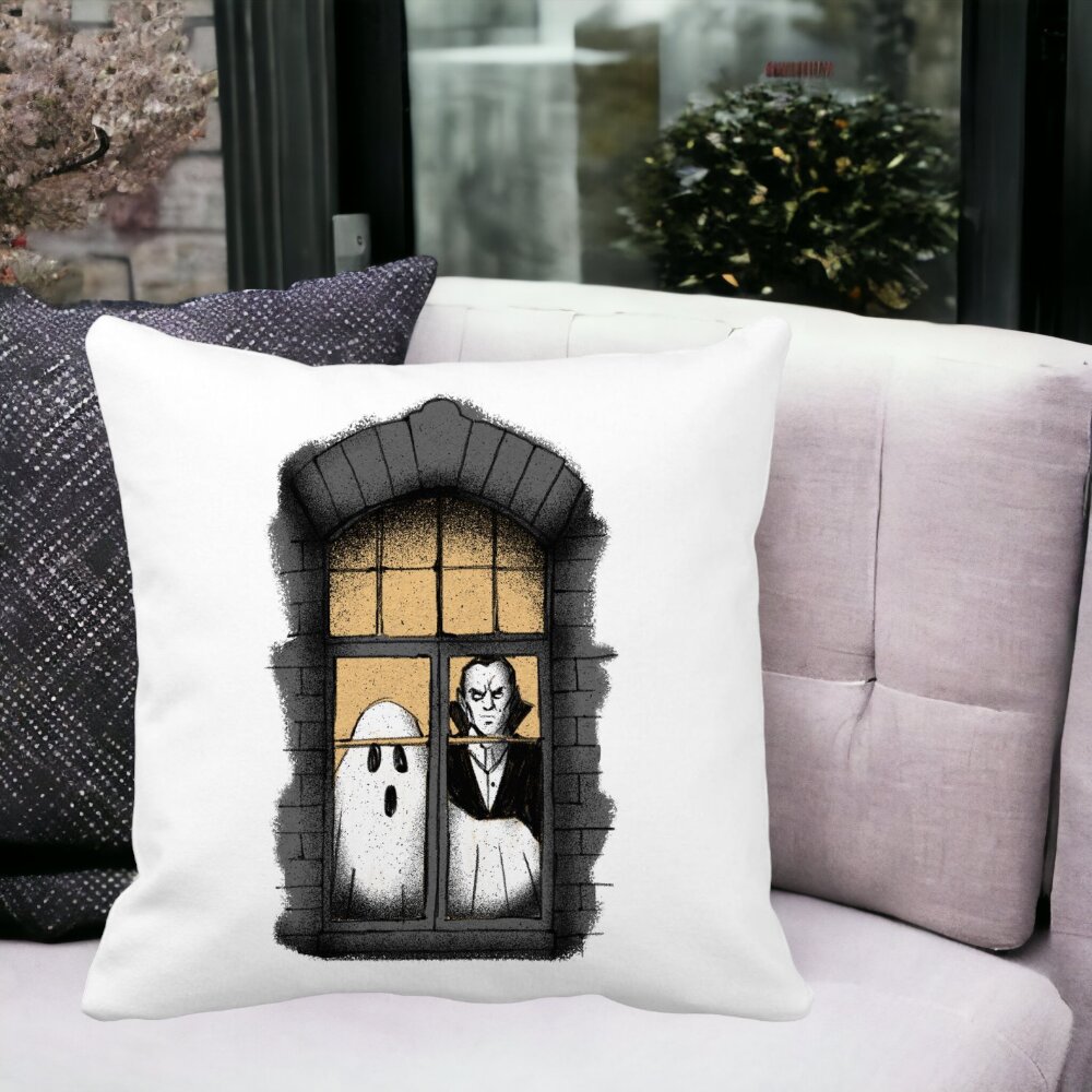 Perna Decorativa de Halloween Fantoma si Vampir, 40x40 cm, Alba, Mata, Husa Detasabila, Burduf 14 Mata