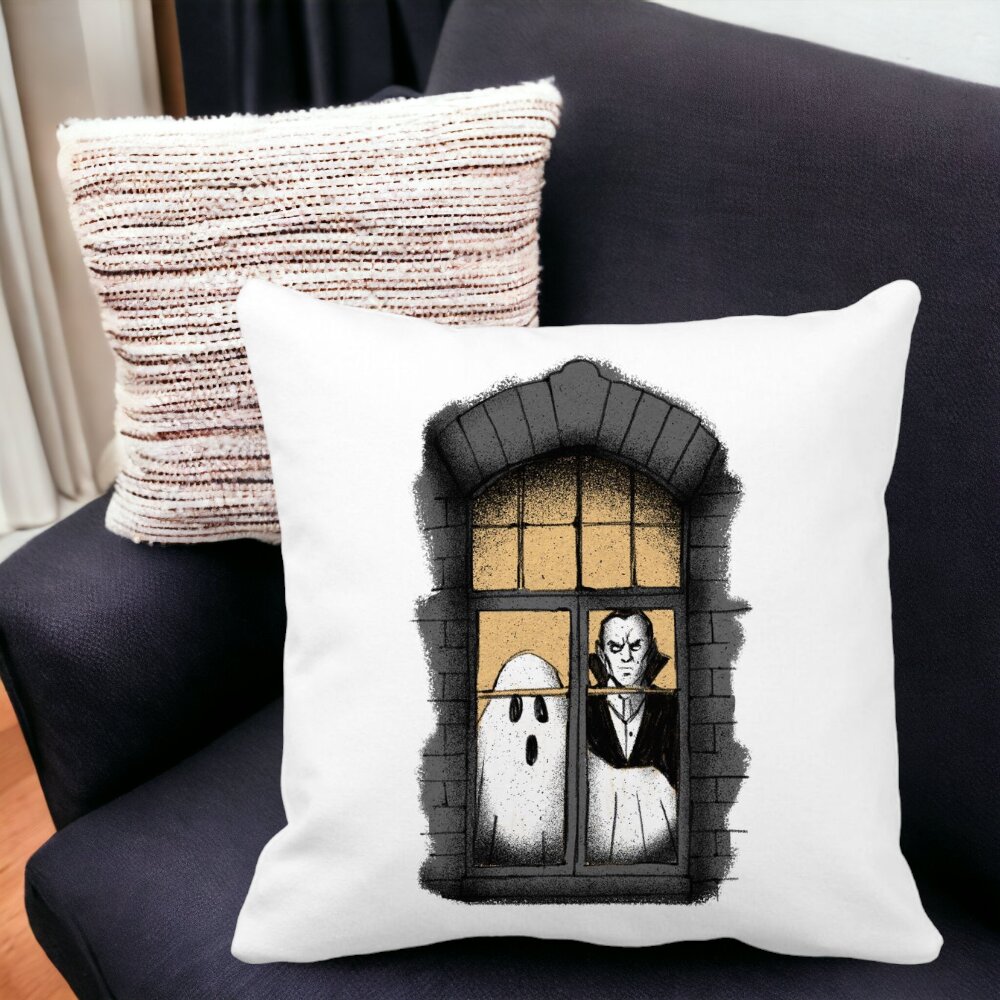 Perna Decorativa de Halloween Fantoma si Vampir, 40x40 cm, Alba, Mata, Husa Detasabila, Burduf 15 Husa Detasabila