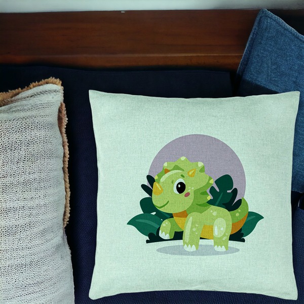 Perna Decorativa, Model Baby Dinozaur Verde Menta cu Peisaj, 40x40 cm, Verde Menta, Husa Detasabila, Burduf 17 bsC0133 PhotoRoom 1
