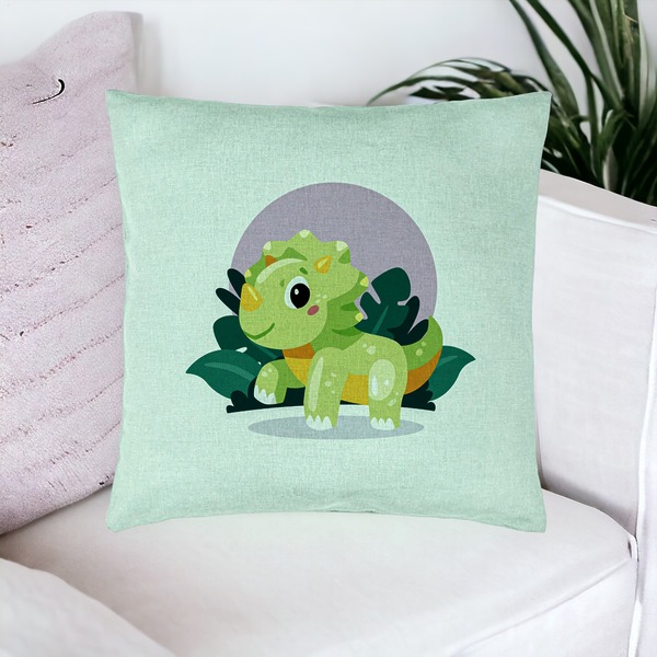 Perna Decorativa, Model Baby Dinozaur Verde Menta cu Peisaj, 40x40 cm, Verde Menta, Husa Detasabila, Burduf 16 bsC0133 PhotoRoom